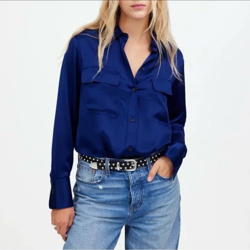 Madewell Blue Silk Button Down Long Sleeve Blouse